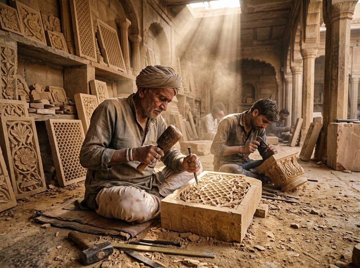 Master stone artisans hand-carving sandstone in Sikandra